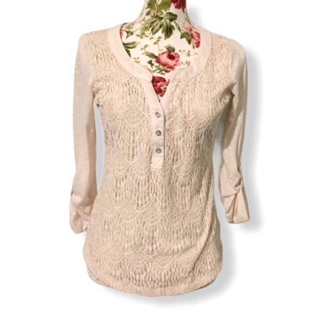Crochet Front Henley Button Blouse Top Ivory White